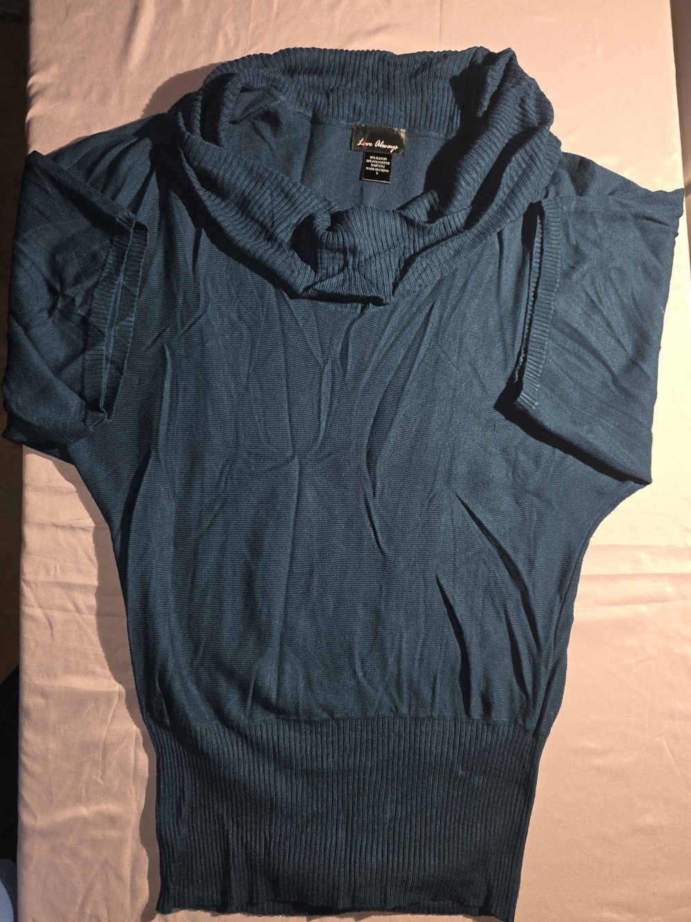 Love Always Light Sweater Teal Short-Sleeve Cowl Neck Top